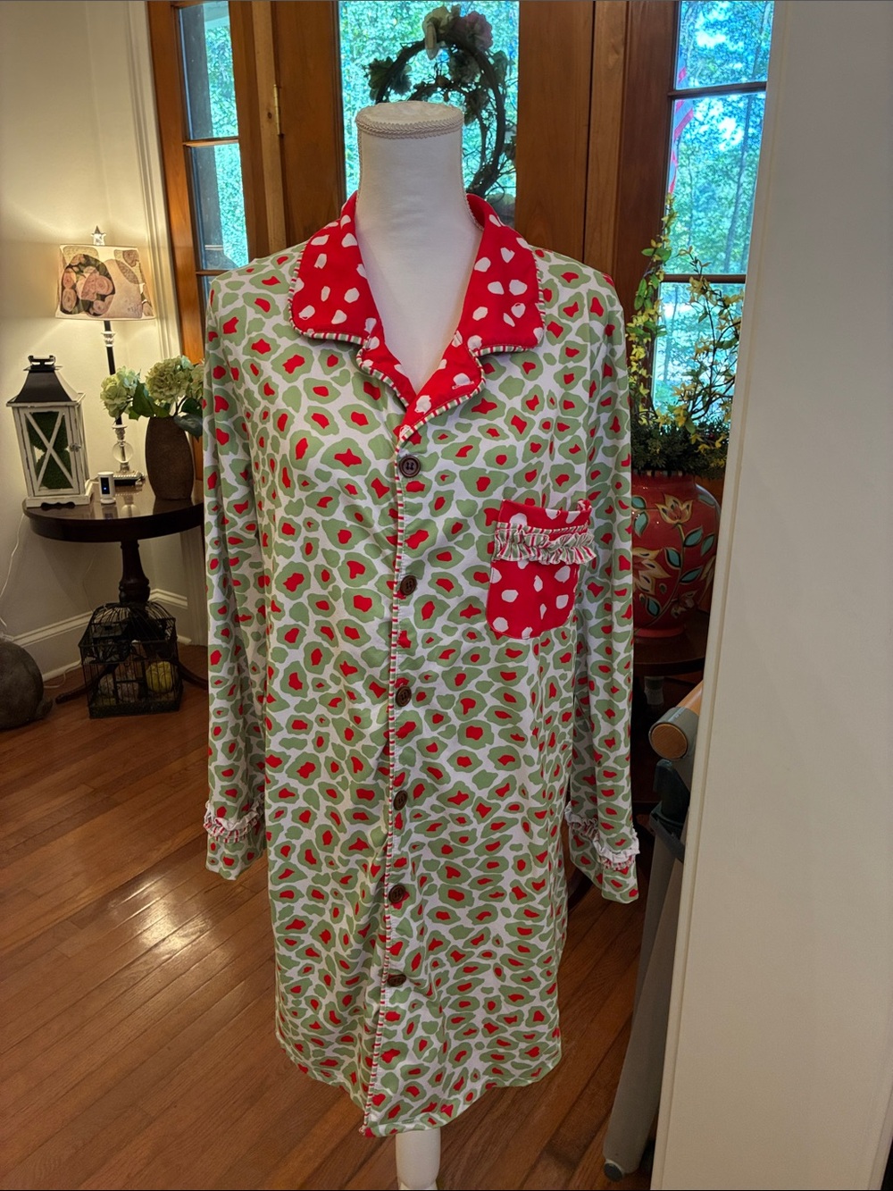Women’s Christmas Red & Green Animal Print Pajama Shirt - Size L